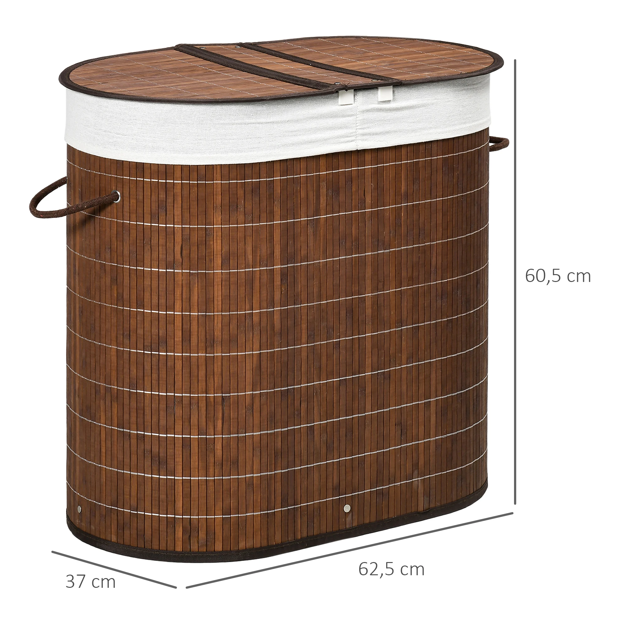 HOMCOM Bamboo Dirty Clothes Basket capacità 100L cesto portabiancheria con  Flip e borsa a 2 scomparti rimovibile 62,5x37x60,5 cm marrone