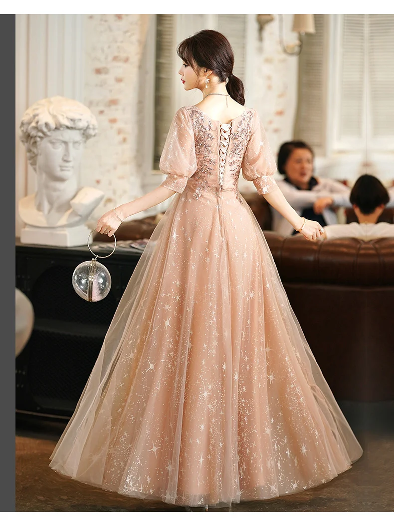 Pink Evening Dresses Long For Women Elegant V-Neck A-Line Floor-Length Luxury Appliques Sequined Lace Tulle Fancy Formal Gowns sexy ball gowns