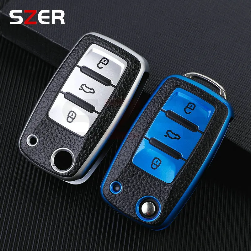 Leather Car Key Case Car Key Full Cover Protection Bag For VW Volkswagen Polo Tiguan Passat Golf Jetta Lavida Skoda Octavia