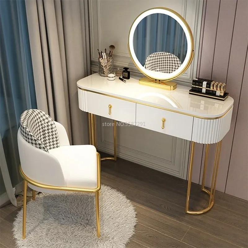 

Vanity Nordic Style Modern Minimalist Bedroom Storage Dresser LED Mirror Light Luxury Paint Makeup Tables Dresser Furniture