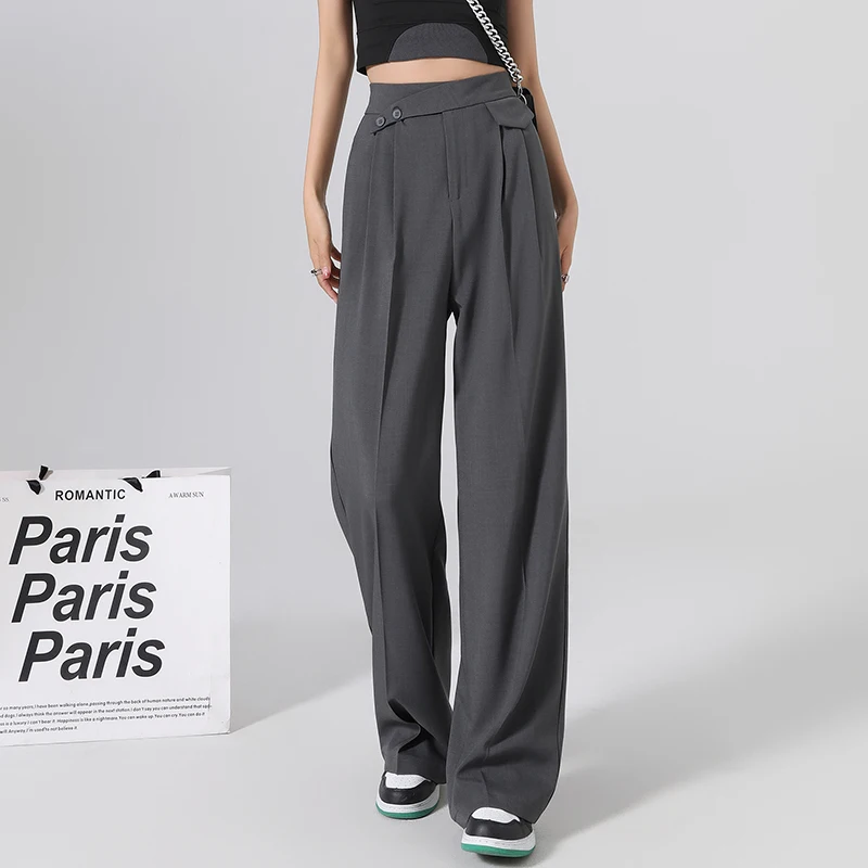 

HOUZHOU корейские элегантные шикарные широкие брюки женские старые деньги женские Костюмные брюки Плиссированные Свободные повседневные рабочие женские брюки с высокой талией