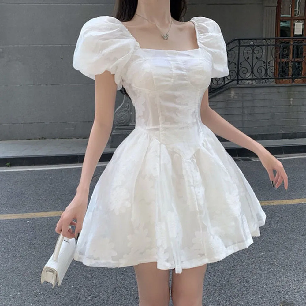 

Elegant Casual One-piece Dress Women Puff Sleeve Korean Party Mini Dresses High Street Vintage Ladies Sweet Clothing Summer