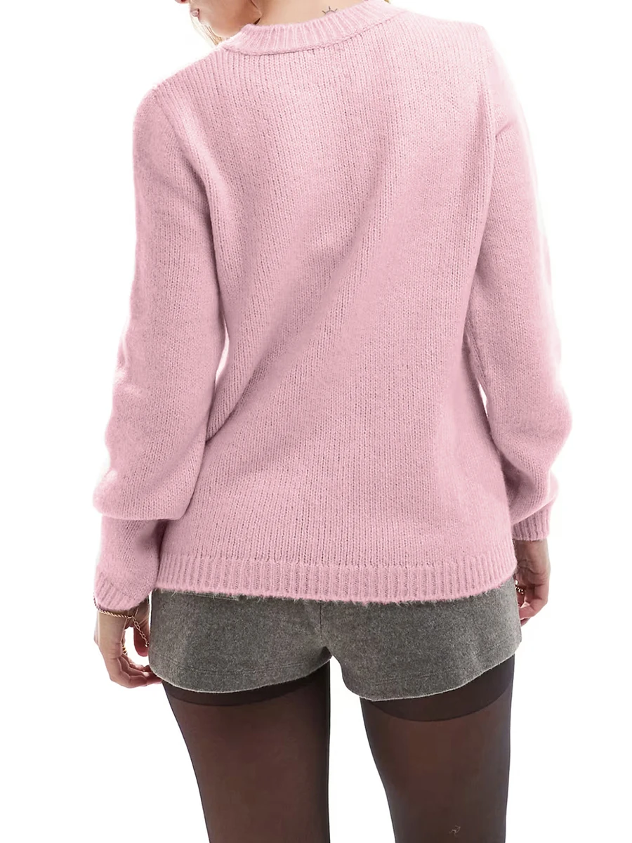 Women s Solid Color V-Neck Sweater with Tie Front Detail and Long Sleeves - Casual Knit Top for Streetwear Fashion