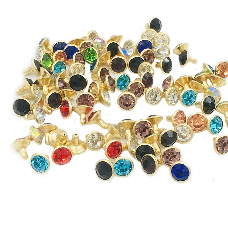 

100Sets 8mm Multicolor Crystals Rhinestone Rivets Glass Diamond Studs Golden Base for Leathercraft DIY Leather Rivets