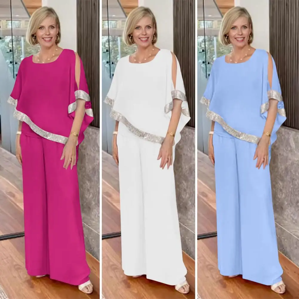 

Женский комплект с блестками, блузка с рукавом летучая мышь и широкие брюки с асимметричным подолом