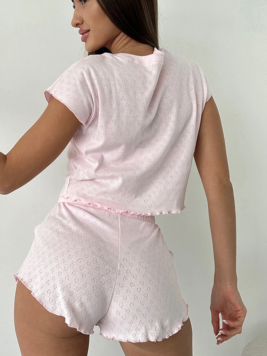 Marthaqiqi Summer Ladies Nightwear 2 Piece Suit O-Neck Sleepwear Short Sleeve Pajama Crop Top Pijama Shorts Casual Nightgown Set