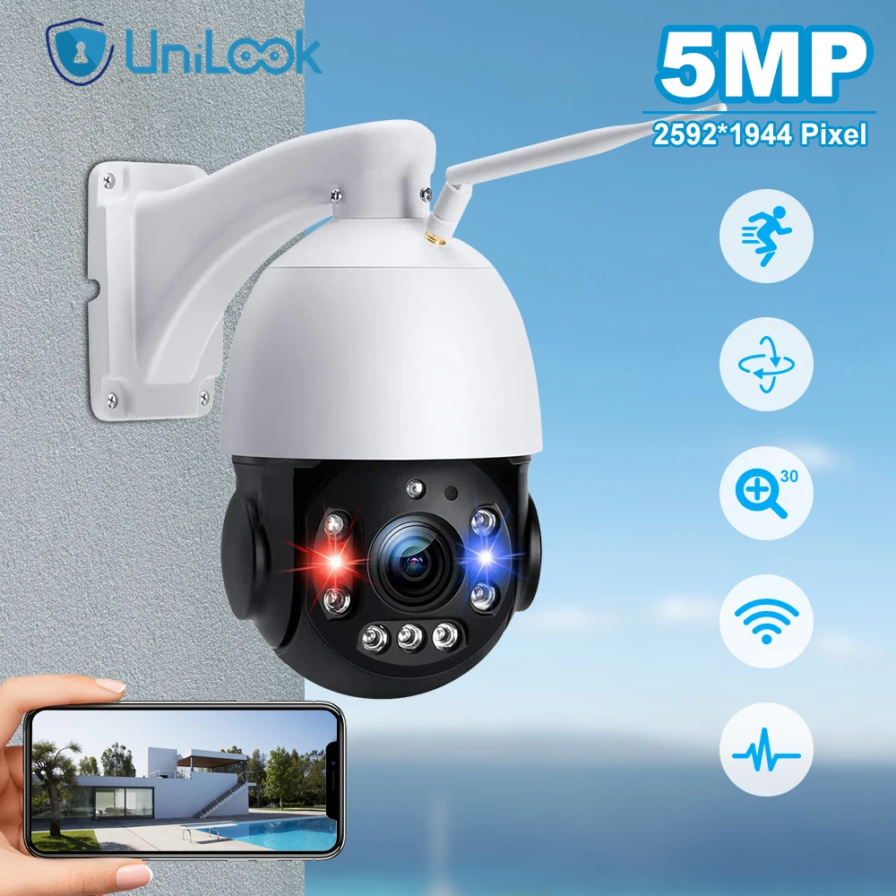 UniLook 5MP Dome PTZ Wireless Camera 30X Zoom Laser LED Light IR Distance Up to 150m Wifi Outdoor  Camera H.265 P2P View Audio