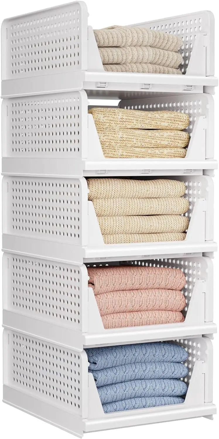 

5 Pack Folding Closet Organizers Storage Box, Stackable Storage Bins, Plastic Drawer Basket Closet Storage for Wardrobe Cupboard