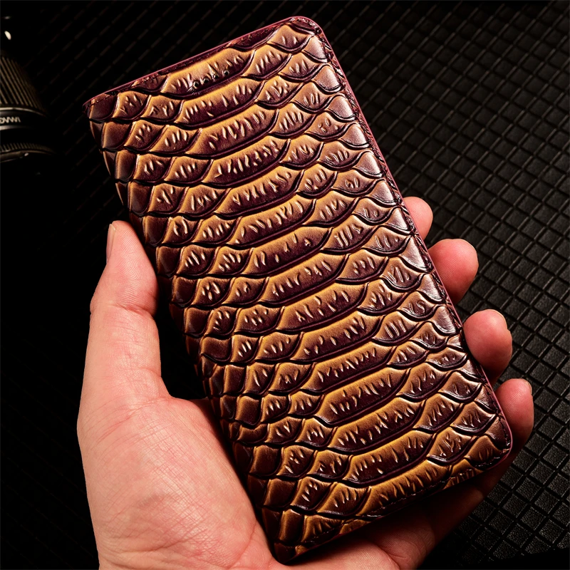 Dragon Scale Pattern Cowhide Phone Case For iPhone 11 12 13 14 Pro Max Mini 6 6s 7 8 Plus X XR XS Max SE Magnetic Flip Cover