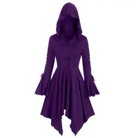 Hooded Dress for Women Lace-up Flare Sleeve Button-up Dress with Hood Black Dark Goth Witches Halloween Party Wear - Image 3