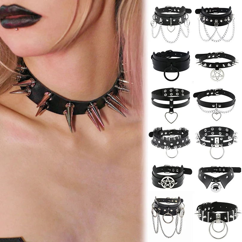 1Pc Vintage Süße Herz Coole Frauen Niet Spike Choker Halsketten Harajuku Gothic Stern Pentagramm Leder Collares Drehmomente Schmuck