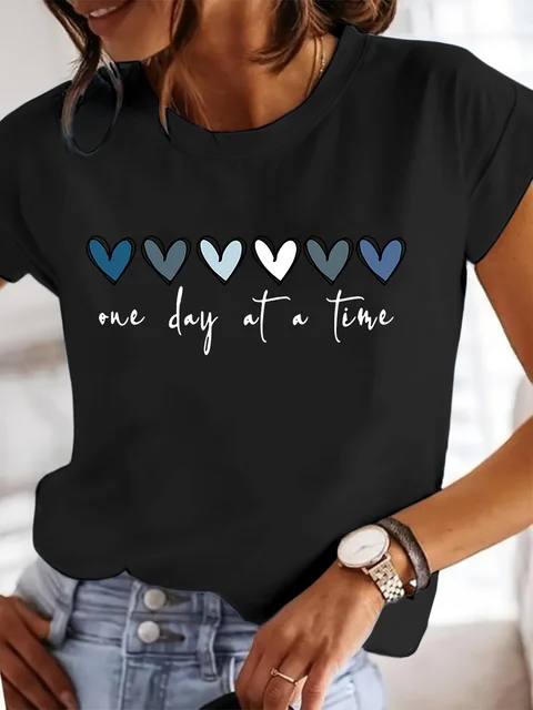 Women'S Casual Graphic T-Shirt - It'S One Day at a Time Heart Print, Short Sleeve Round Neck Top for Spring & Summer 2