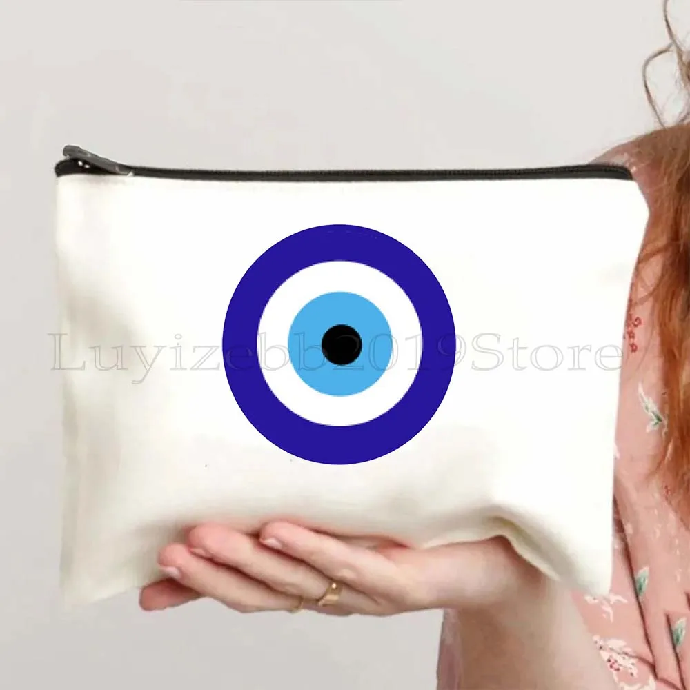 Colorful Blue Evil Eye Charm Nazar Amulet Love Heart GREECE Boho Mandala Canvas Bag Cosmetic Makeup Bag Pencil Case Zipper Pouch 3
