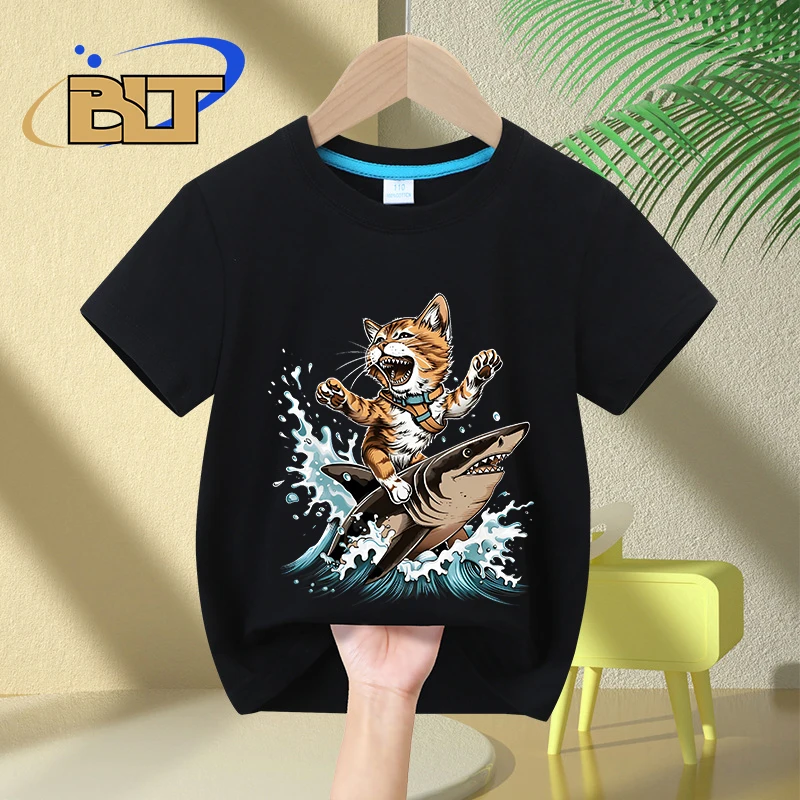 

Shark cat print children's clothing summer kids T-shirt pure cotton short-sleeved casual tops boys and girls gifts