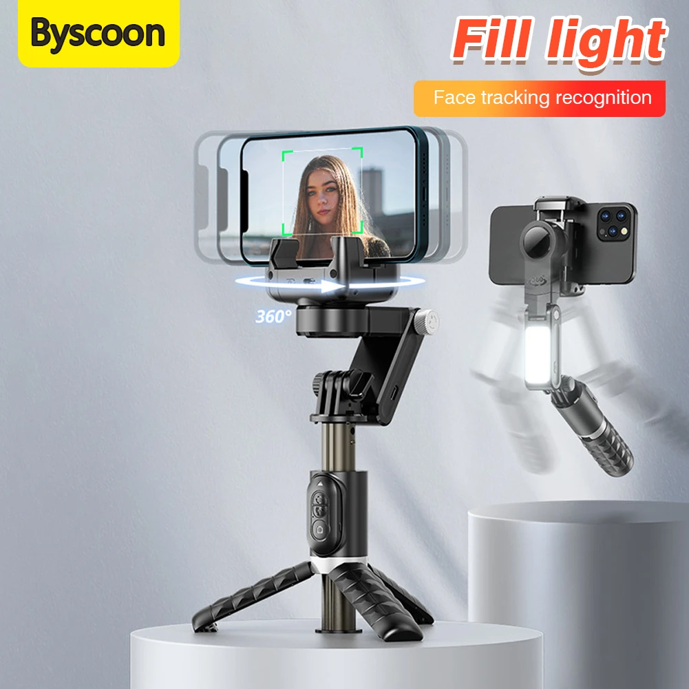 Byscoon 360 Rotation Gimbal,Selfie Stick Tripod with Remote Fill Light Following Shooting,Stabilizer for Smartphone Live/Vlog