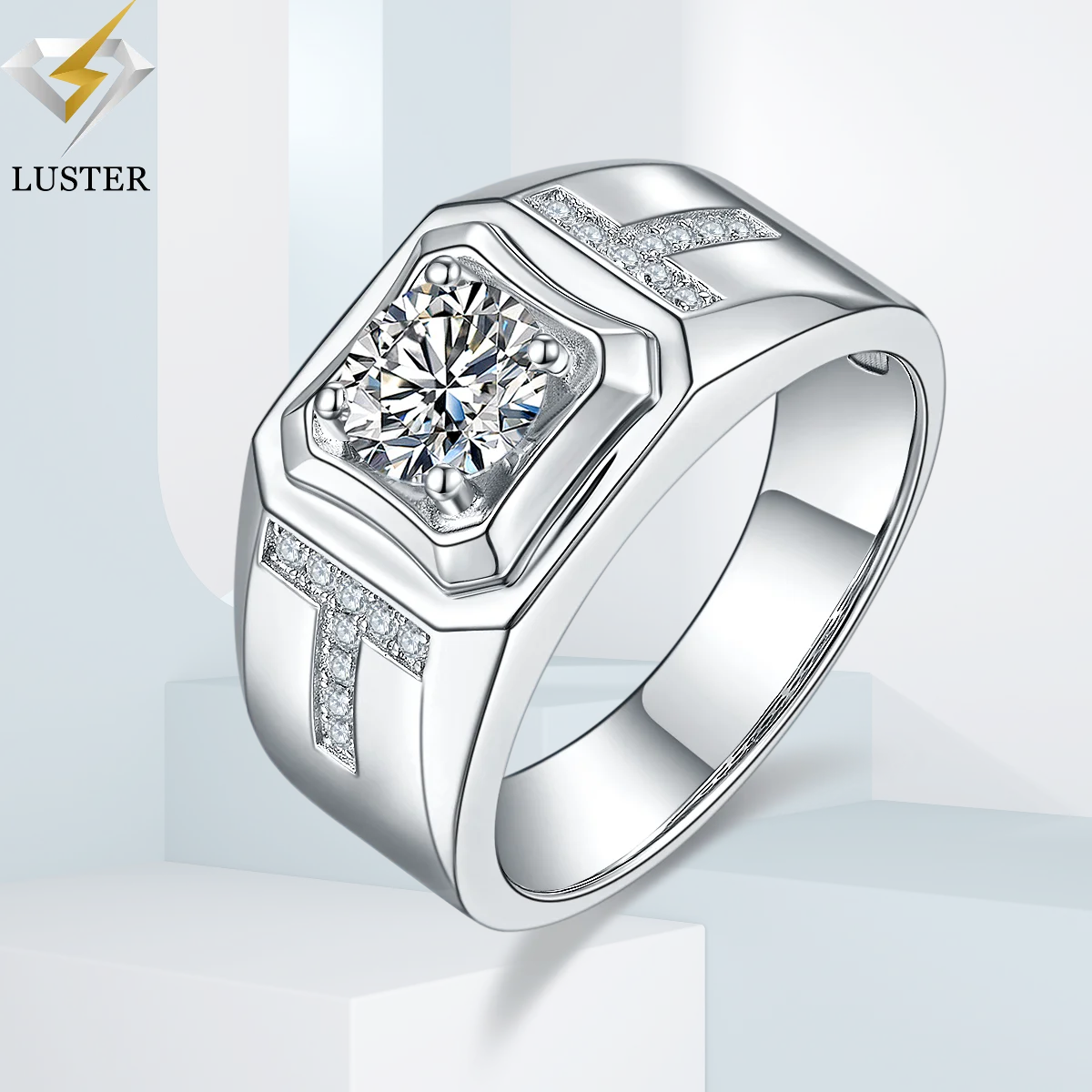 

LUSTER 6.5mm 1ct D Color Round 18K Gold Plated 925 Sterling Silve Moissanite Ring Diamond Test Passed Jewelry Gift for Men