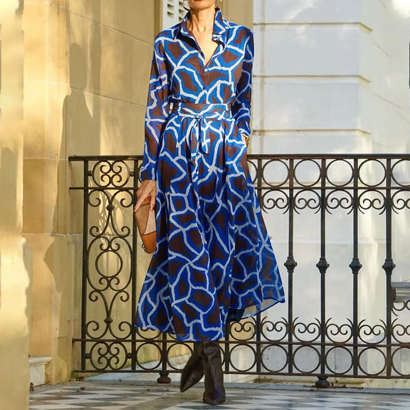 

Elegant Lapel High Waist A-Line Shirt Dress Lady Pattern Print Single-Breasted Office Dress New Long Sleeve Lace-up Pocket Dress