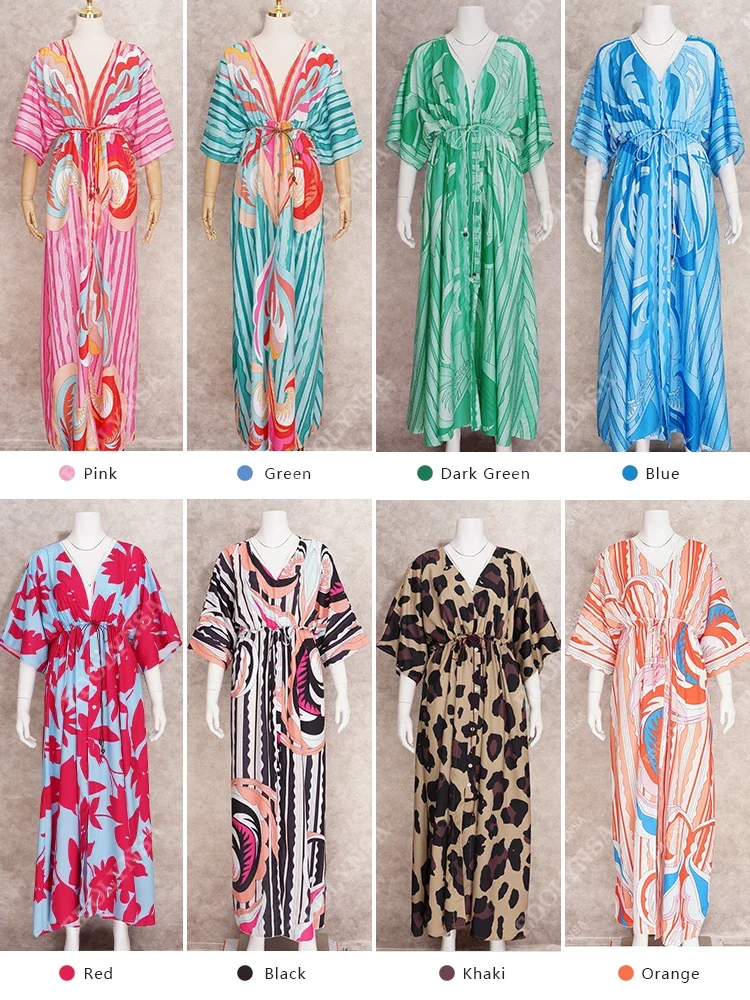 Bikini Cover-ups Boho Print Long Dress Self Belted Beach Tunic Summer Women Beach Wear Swim Suit Cover Up beach cover swimsuit cover