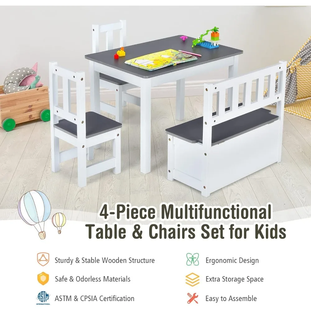 2 in 1 Kids Table and Chair Set, Wood Activity Table with Toy Storage Bench & 2 Chairs for Children Reading, Arts, Crafts 3