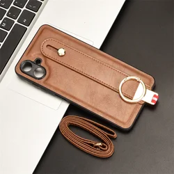 Premium PU Leather Wristband Rear Cover with Lanyard for Smartphone Protection (Brown)