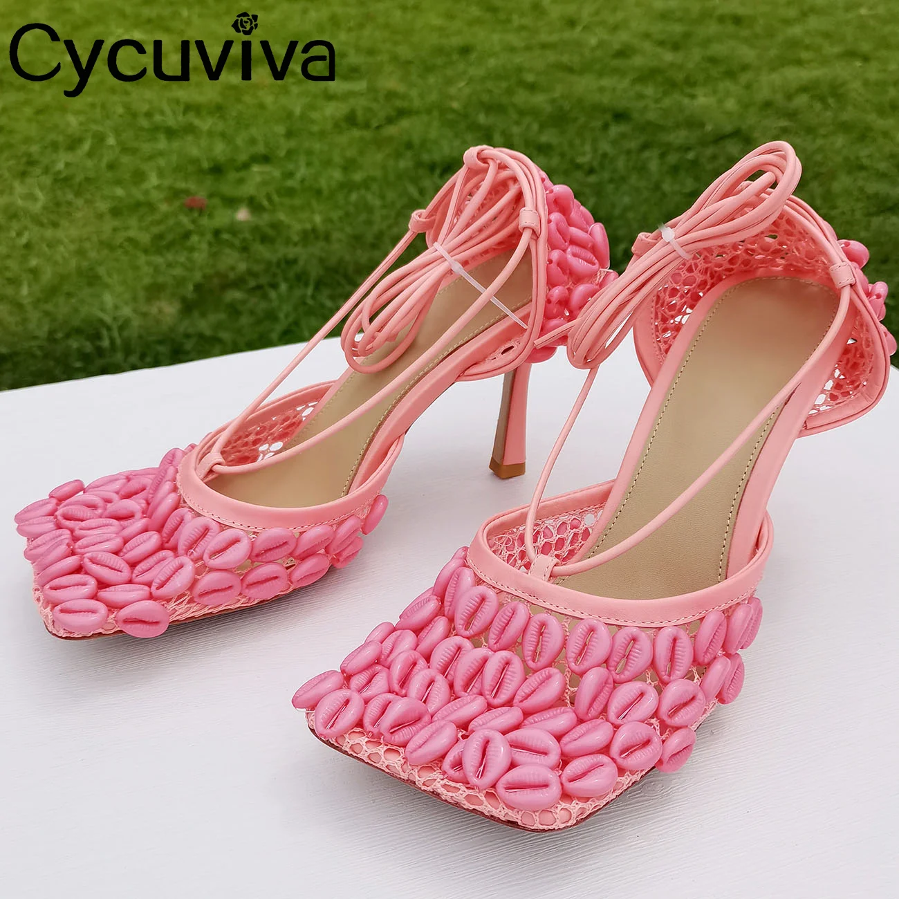 2022 Beaded Pink High Heels Sandals Women Shell Designer Summer Party