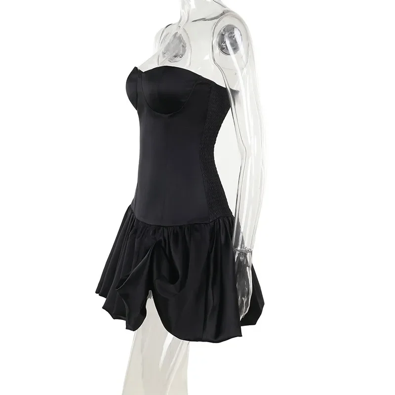 Elegant Strapless Ruched A-line Short Dress Women Slim Off Shoulder Backless Party Dress Autumn Lady Solid Evening Gowns