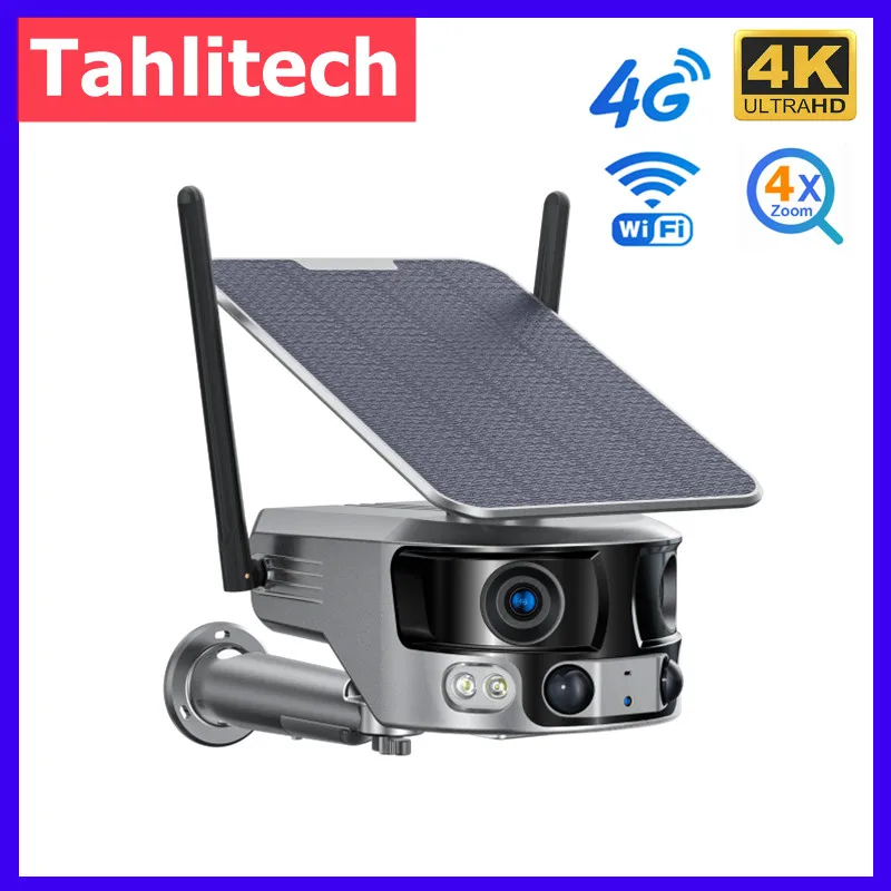 4G 4K 8MP 180 Ultra Wide View Angle 4G Solar Security Camera Outdoor WIFI 4X Zoom Dual Lens PIR Human Detection CCTV Camera 4k 8mp wifi solar camera 180 ultra wide view angle outdoor 4x zoom dual lens pir human detection 4g solar surveillance camera