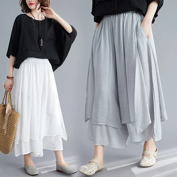 Women's Wide Leg Pants Cotton Linen Drapey Nine Points Skirt Slimming Commute Sle Low Waist Asymmetric kets Summer New 1