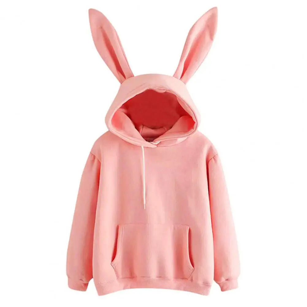

Women Solid Color Hoodie Cozy Bunny Ear Hoodie for Women Soft Warm Hooded Top with Drawstring Elastic Cuff Loose Fit for Fall