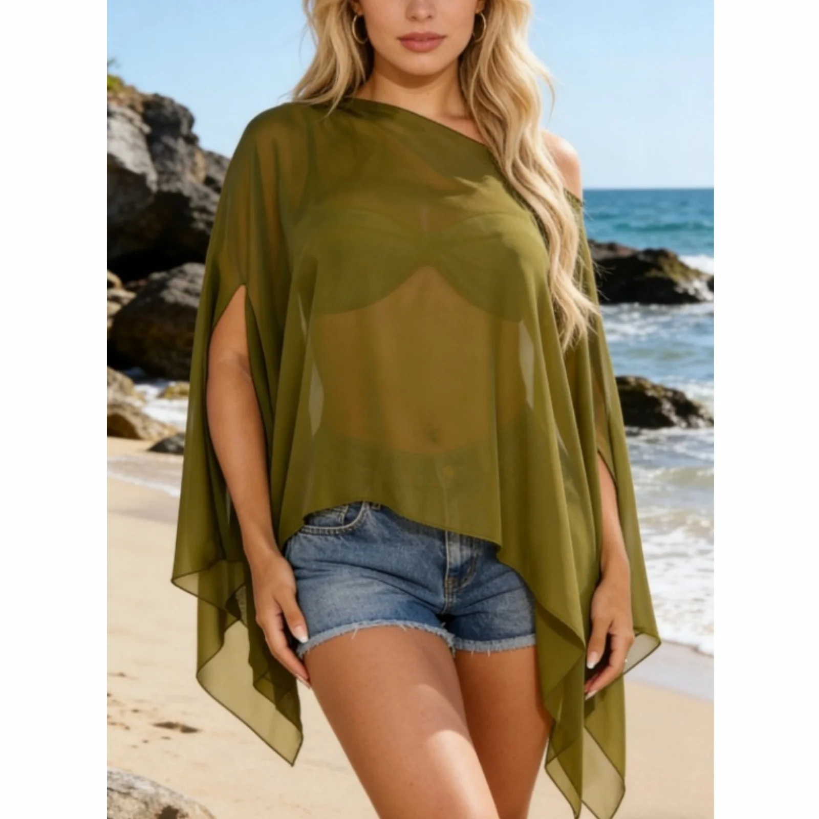 Lamuusaa y2k Women Poncho Tops Solid Color Off One Shoulder Loose Fit Split Sleeve Sheer Cape Shawl Bikini Cover Ups Beachwear 5