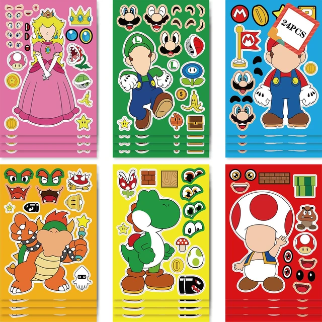 6/12Sheets Cartoon Mario Make-a-Face Puzzle Stickers Super Mario