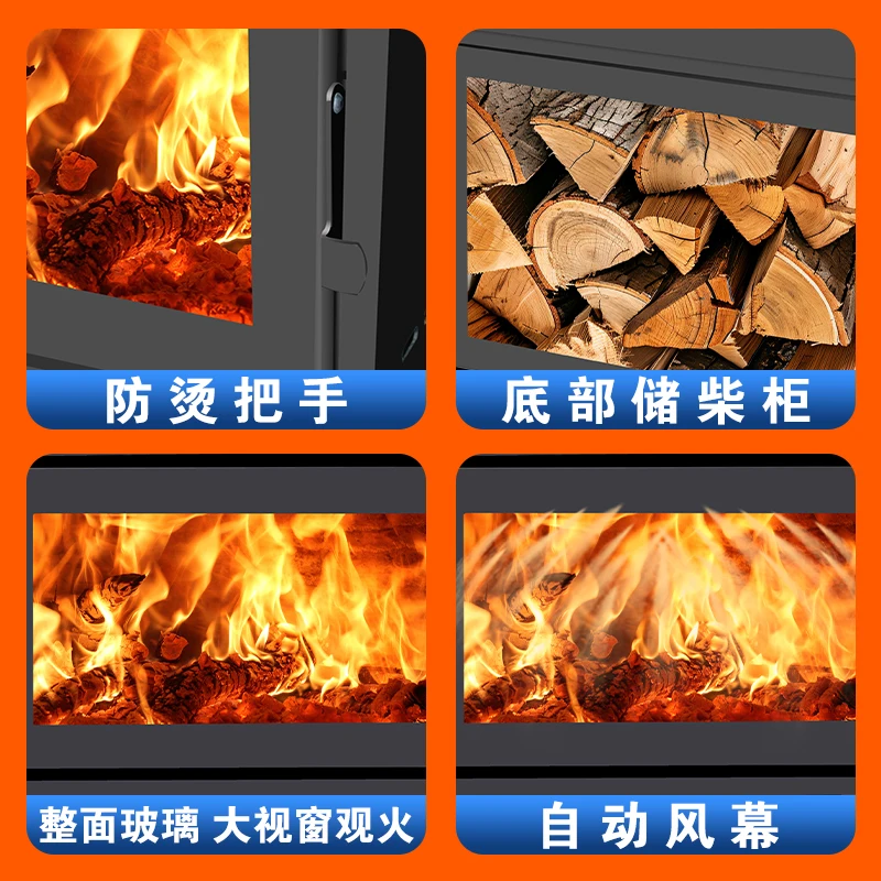 Real stove burning wood winter fireplace rural indoor home retro European style villa heating