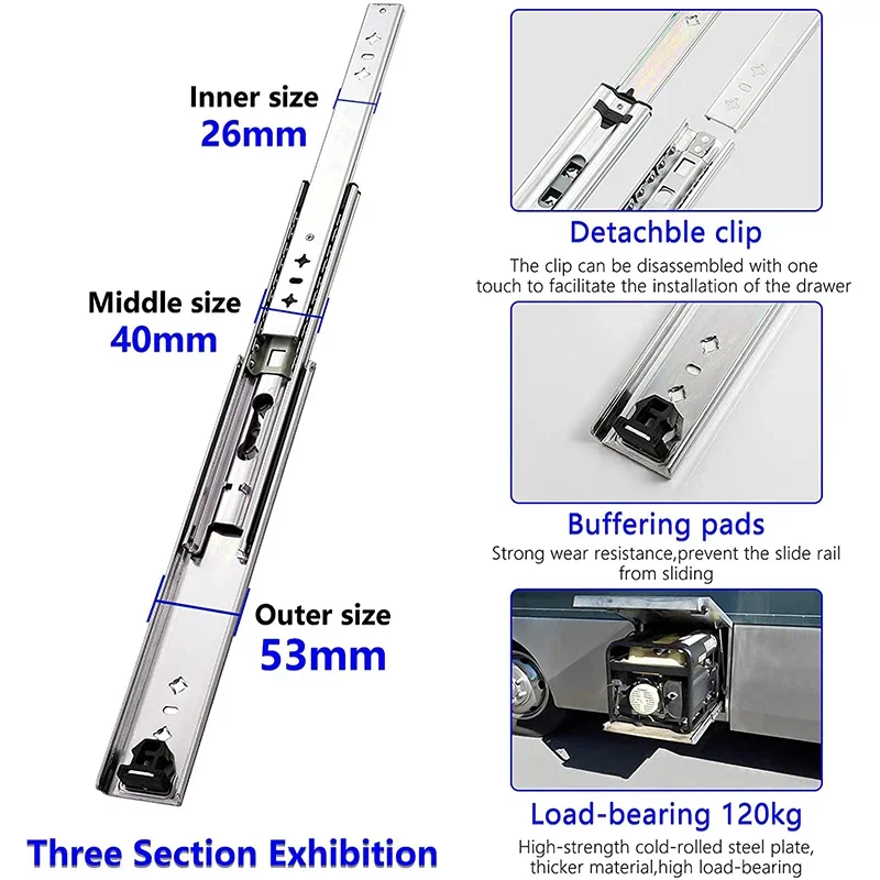Heavy Duty Drawer Slides Lock 3 Section 185 lb Bearing Capacity Full Extension Industrial Rails