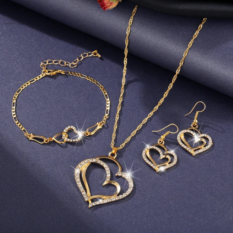 2021 Luxury Simple Big Small Hollow Double Heart-shaped Necklace Exquisite Crystal Zircon Pendant Chain Women's Wedding Jewelry
