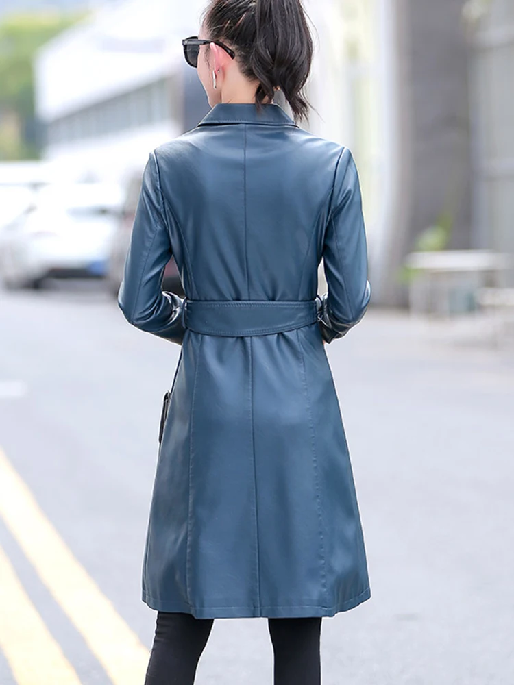 New Women Leather Coat Spring Autumn Fashion Shirt Collar Slim Waist Sheepskin Trench Coat Blue Long Outerwear Split Leather