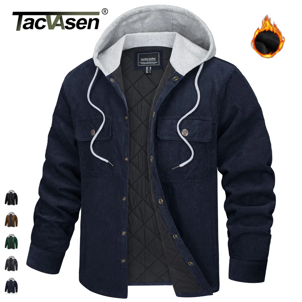 

Mens Corduroy Jackets Quilted Lined Cotton Hooded Coats Outdoor Trucker Working Winter Padded Thicken Jackets Pockets