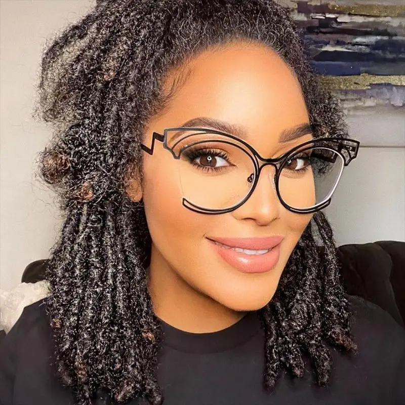 56755 Neue Halbrahmen Aushöhlen Optische Brillengestell Frauen Mode Cat Eye Metall Flache Spiegel Klare Locken Beine Brillen – Detail 6