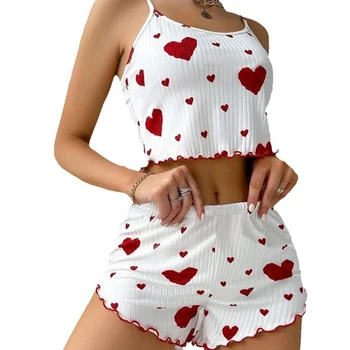 Women's Pajamas Set Sleepwear 2 PCS Short Tank Tops And Shorts S M L White Ventilate Soft Casual Love Printing 10