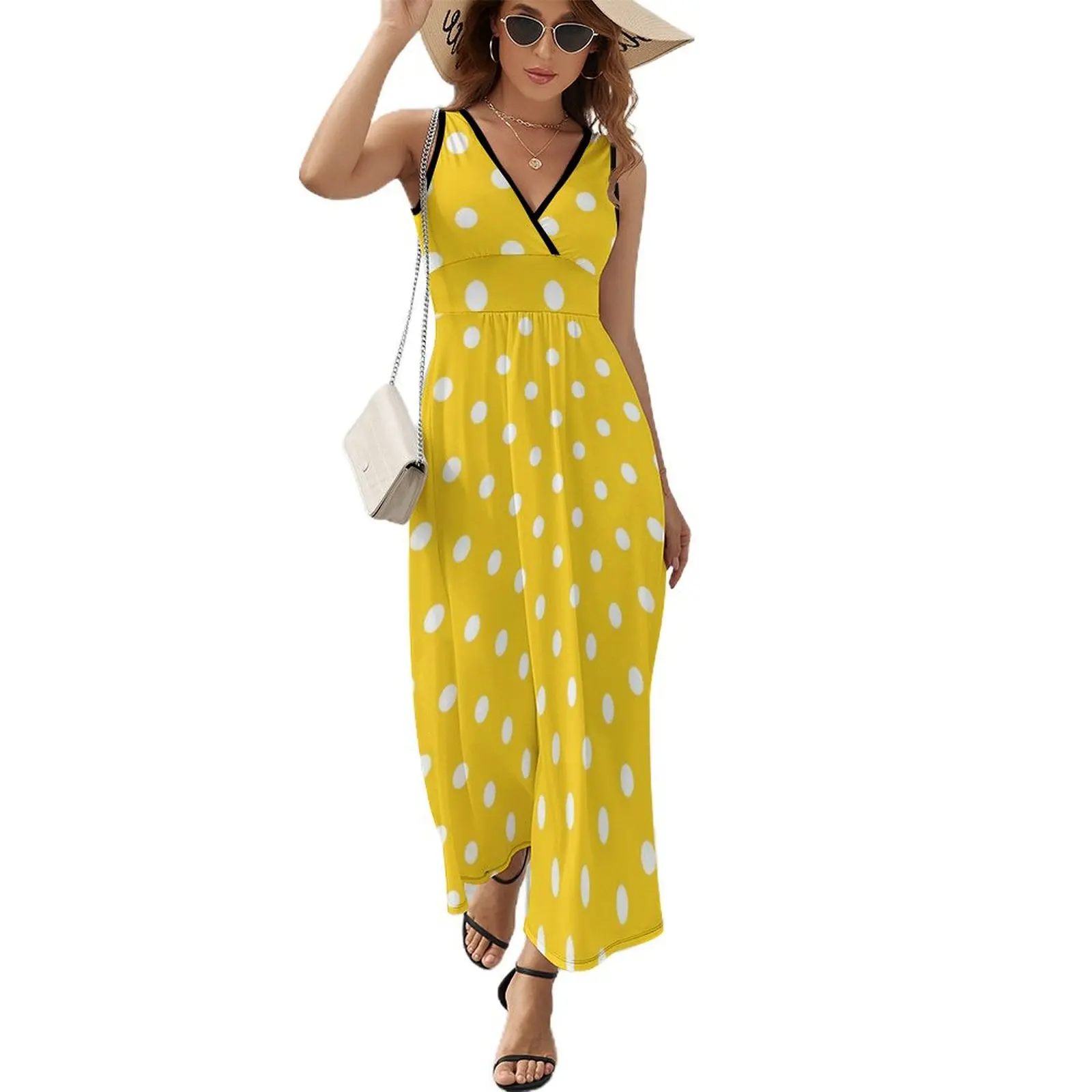 

Yellow Polka Dots Dress Female Retro Print Elegant Maxi Dress V Neck High Waist Aesthetic Printed Bohemia Long Dresses