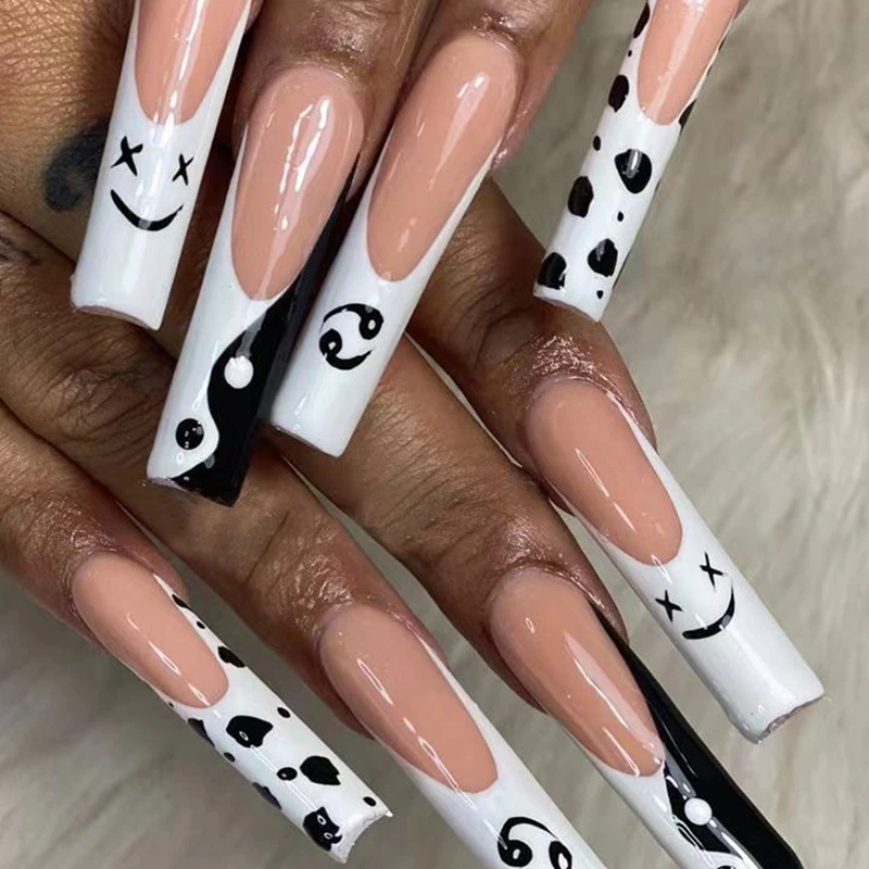 24pcs Press On Tips Nails Long Coffin False Nails Tai Chi Smiley Face Designs Full Cover Acrylic Fake Nails Manicure Decoration False Nails Aliexpress