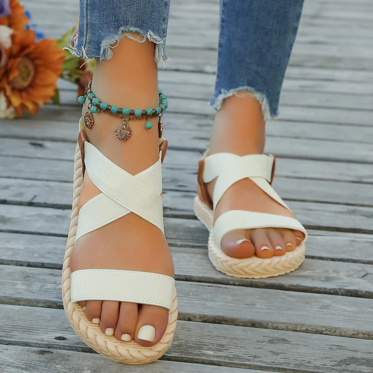 Damesmode Trend Elastische Antislip Slijtvaste Platte Sandalen Met Zachte Zolen