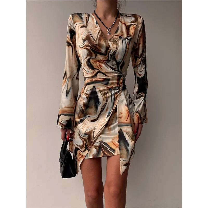 

New Autumn Long Sleeve Vestidos Dresses For Women 2023 Abstract Print Trumpet Sleeve Bandage Mini Dress Sexy V Neck Party Robe