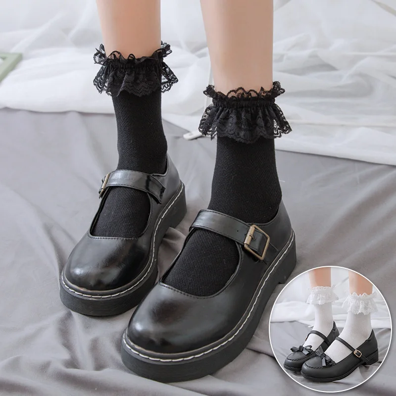 

Кружевные короткие носки Lolita в японском стиле Харадзюку женские кавайные хлопковые носки средней длины милые Дышащие носки принцессы с оборками черные белые
