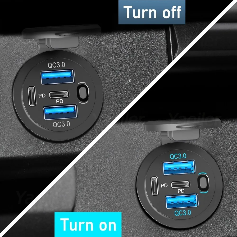 Presa Accendisigari Marina 12V Con USB C E QC3.0, Voltmetro LED, Interruttore ON/OFF, Impermeabile IP66, Per Auto, Camper, Moto, Barca - 4