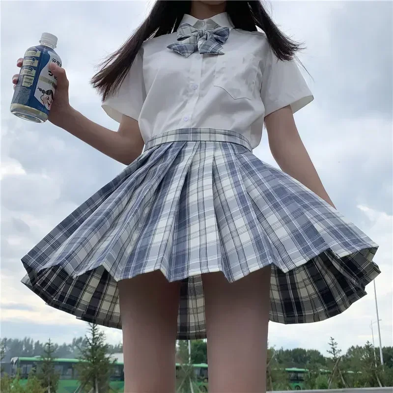 Japanese School Uniform Shirt Plaid Skirt Set Korean School JK Short Sleeve Pleated Skirt Set Girl Seifuku