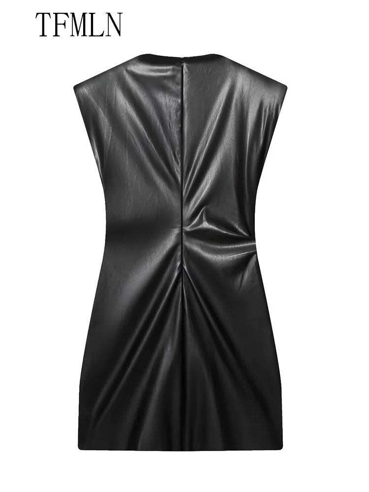 Elegant Women Faux Leather Pleated Dresses 2025 Autumn Sexy Sleeveless O-neck Short Dress Retro Female Party Evening Dress