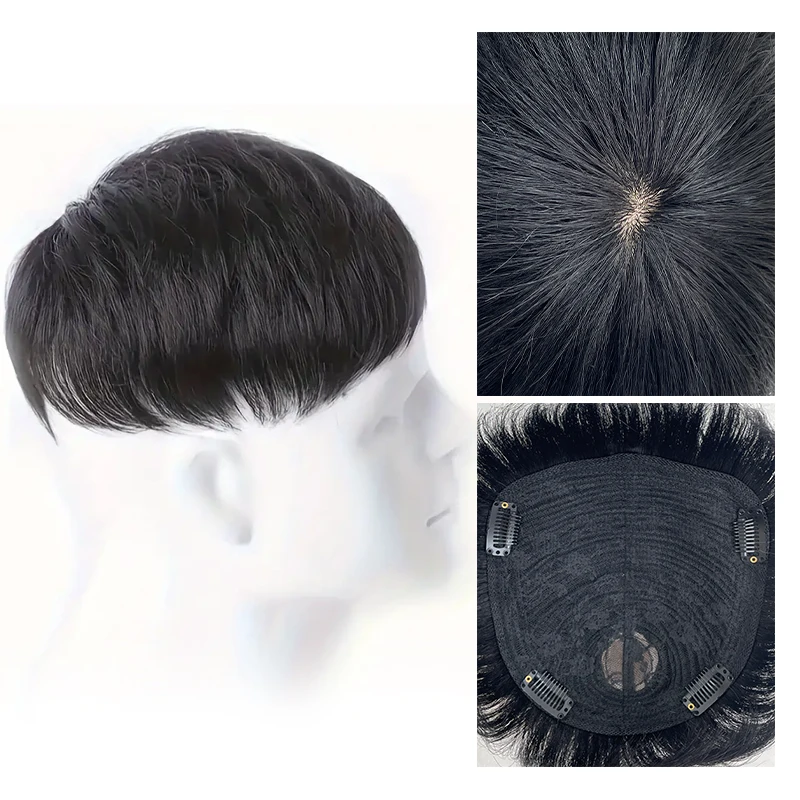 Human Hair Toppers Men 100% Human Hair Hairpiece Black False Cover Breathable Hair Net Base Cover Thinning Male Clips-On Wig