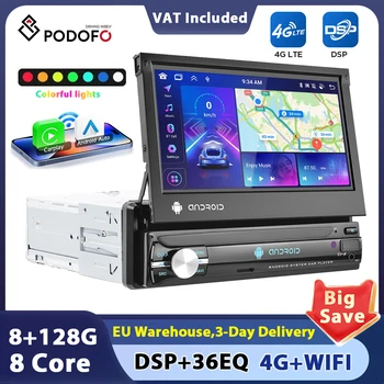 Podofo Pantalla Retráctil de 7 Pulgadas Carplay 1Din Reproductor Multimedia para Auto Android con GPS, Navegación, WIFI, Audio Estéreo, Control por Voz AI, FM RDS 1