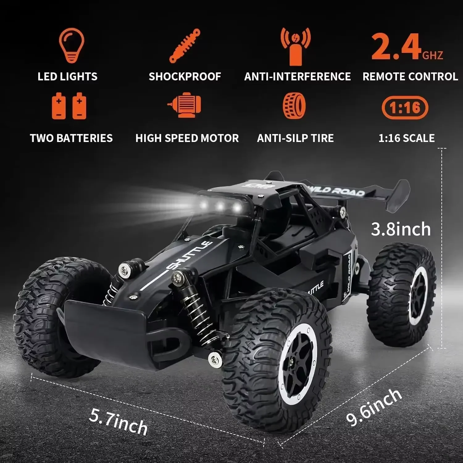 1:16 스케일 전동 RC카 20KM/H 고속 2WD 오프로드 무선 조종 트럭 2.4GHz LED 라이트 장착 장난감 자동차 어린이 선물