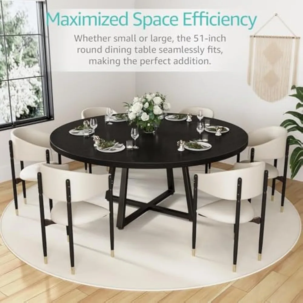Black Round Dining Table for 6 - Modern Circle 51 Inch Large Room Kitchen Dinning Tables for 4 to 6 Person Seats Small Spaces 5